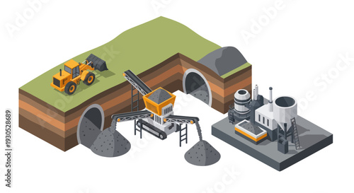 Isometric illustration depicting an industrial construction site with heavy machinery, tunnels, and a processing plant.