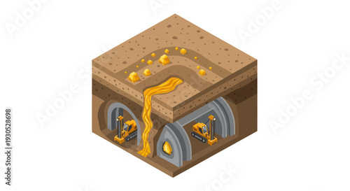Isometric illustration of a cross-section of the earth showing gold mining operations with excavators and molten gold flowing through tunnels.
