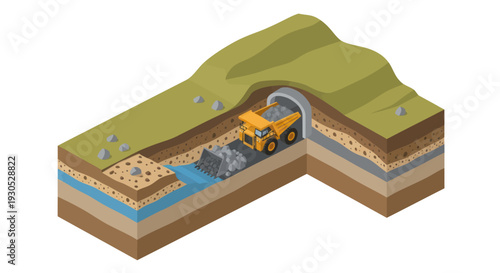 Isometric illustration depicting underground mining operations with a dump truck and excavator near a tunnel entrance.
