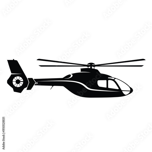 A black helicopter silhouette viewed from the side with rotor blades spinning in a static position
