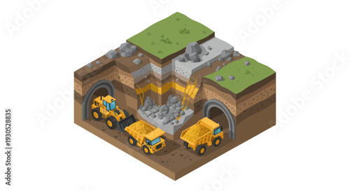 Isometric illustration depicting underground tunnel construction with heavy machinery and excavation processes.