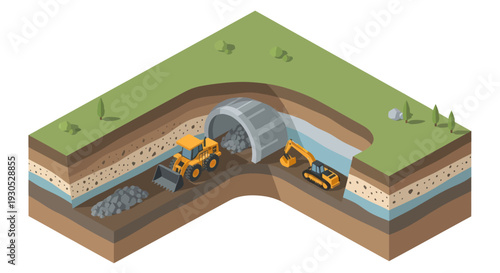 Construction of an underground tunnel using heavy machinery and a tunnel boring machine, showcasing excavation and earthmoving processes.