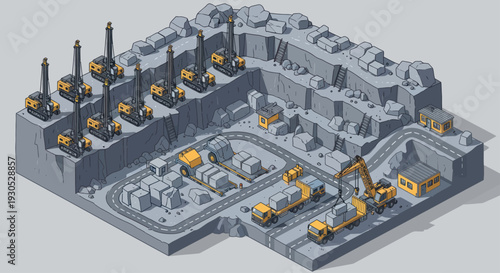 Isometric Mining Quarry with Heavy Machinery and Production Facilities.