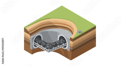 Isometric illustration showcasing a cross-section of underground infrastructure, featuring twin tunnels with a central grate system for debris management.