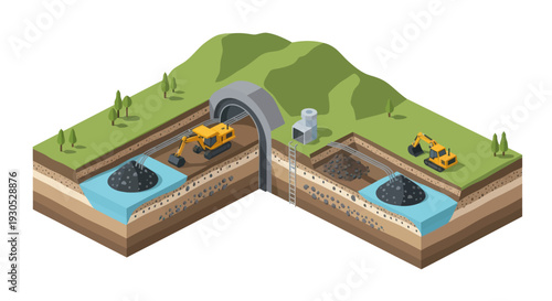 Isometric illustration depicting underground coal mining operations, showing excavators, tunnels, and extracted coal reserves.