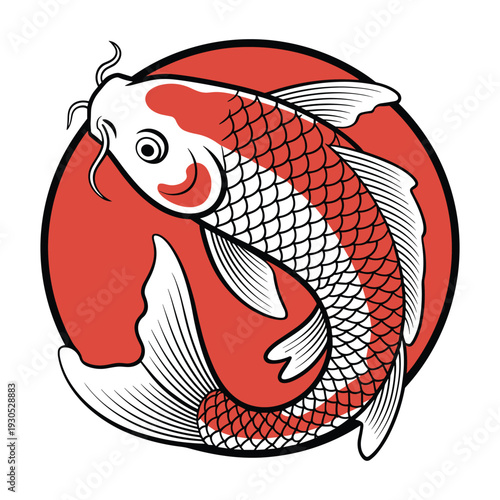 Red and White Koi Fish Illustration Circular Background Traditional Japanese Art Style