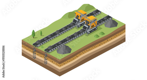 Isometric illustration of a surface mining operation with conveyor belts transporting extracted materials.