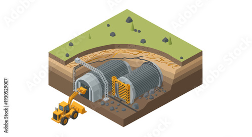 Isometric illustration of tunnel construction with a tunnel boring machine and excavation equipment, showing underground layers and a cutaway view of the tunnel.