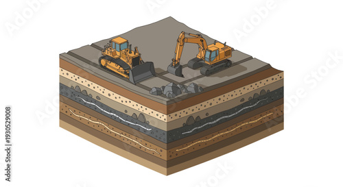 Isometric view of construction site with excavators and bulldozers digging into layered earth, illustrating excavation and earthmoving processes.