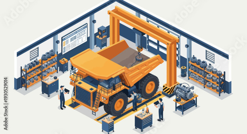 Isometric view of a large mining dump truck undergoing maintenance in a workshop.
