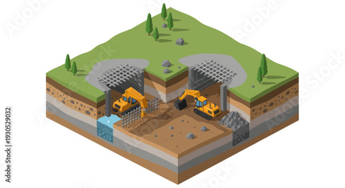 Isometric illustration showing two excavators digging in a cross-section of the earth, revealing different soil layers and underground structures.