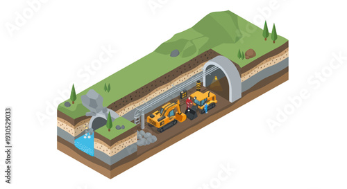 Cross-section illustration of tunnel construction showing excavation, machinery, and geological layers.