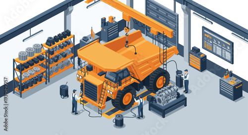 Large Mining Dump Truck Undergoing Maintenance in a Workshop.