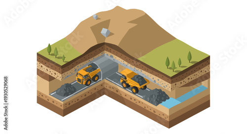 Isometric cross-section illustrating underground mining operations with trucks transporting coal and encountering groundwater.