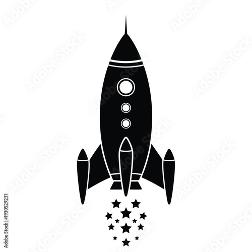 Black silhouette rocket ship launches upwards with stars trailing behind in a minimalist illustration