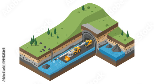 Cross-section illustration of tunnel construction using a tunnel boring machine and excavation methods, showing geological layers and water management.