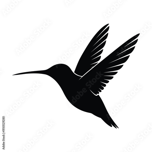 Hummingbird in flight, wings spread wide, silhouette illustration, simple design, white background, profile view