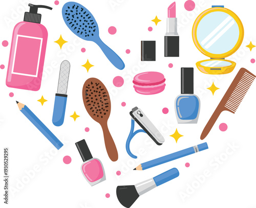 Beauty and makeup cosmetic tools collection with lipstick, nail polish, comb, mirror, brushes, and skincare products for fashion and self care vector illustration.