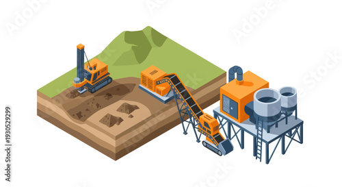 Isometric illustration of a construction site with heavy machinery, including a drilling rig, conveyor belt, and processing plant, set against a backdrop of rolling hills.