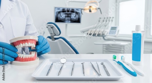 A dentist holding a dental model in a dental office.