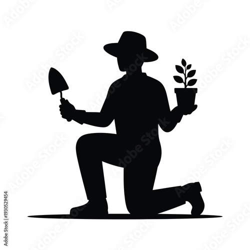 Man kneeling in garden holding trowel and potted plant, silhouette illustration
