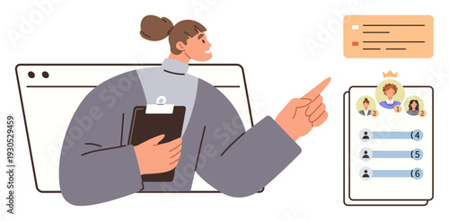 Team management, productivity tools, business strategy, leadership, digital organization, project coordination. Woman managing tasks with rank chart. Team management and productivity tools concept