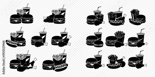 Set of Fast Food Icons: Burgers, Fries, Hot Dogs, Chicken, and Drinks in Silhouette Style.