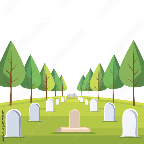 Cartoon illustration of a graveyard with trees and headstones