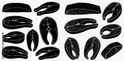 Set of black and white silhouettes of various fish steaks and fillets, ideal for seafood packaging or restaurant menus.