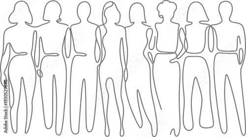 Continuous line art drawing of diverse women standing together as a strong united group