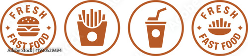 Fresh fast food logos with burger hand and drink symbols