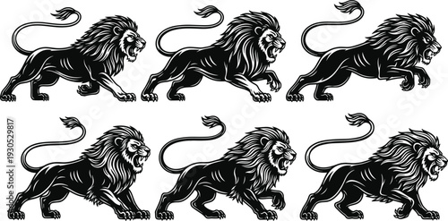 Black Lion Silhouettes Set, Aggressive Pouncing Mane Stallions in Motion, Flat Vector Illustration of Predatory King for Heraldic Logo Design,