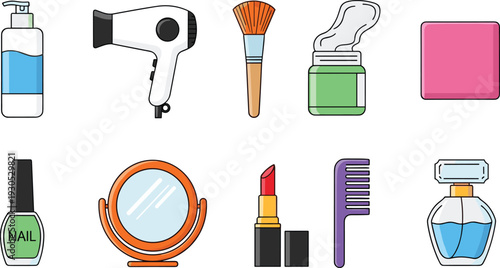 Beauty and personal care cosmetic set with hair dryer, lotion bottle, lipstick, perfume, mirror, nail polish, and comb vector illustration.