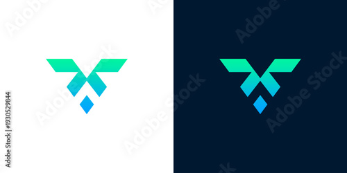 Dynamic abstract letter V or T logo design with a vibrant green to blue gradient, representing progress, connection, and digital innovation for a modern brand identity