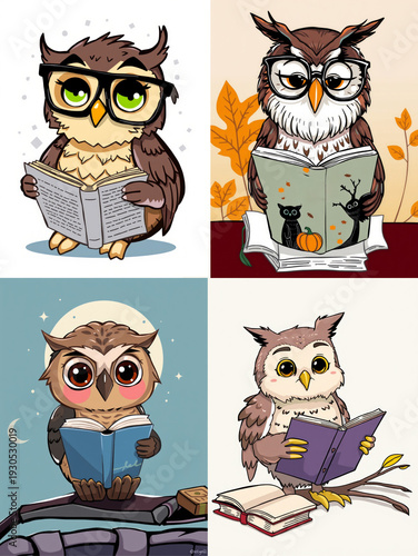 Collage of four wise owl cartoon reading a knowledge book