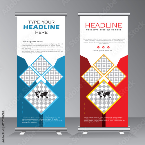 Red roll up banner design template, Blue roll up banner design template, vertical banner template design for business, 4 space for images, standee banner. modern x-banner, pull up, vector eps 10