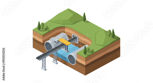Cross-section illustration of an underground tunnel construction project with a water barrier and support structures.