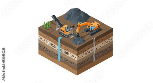 Isometric illustration of an open-pit mining operation showing excavators, a conveyor belt, and different soil layers.