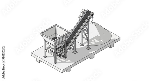 Isometric illustration of an industrial material handling system with a hopper, conveyor belt, and discharge chute.
