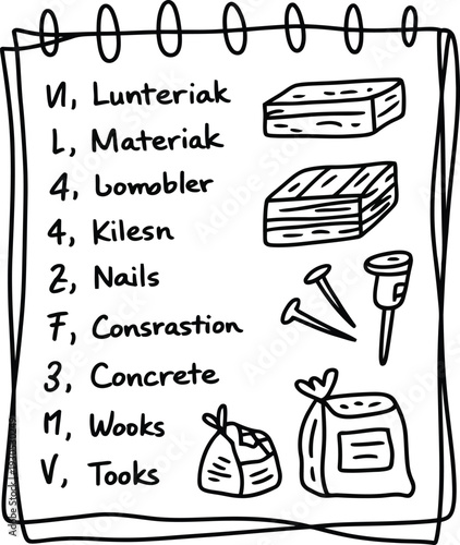 Hand Drawn Construction Materials and Tools Doodle with Handwritten Notes on a White Notepad