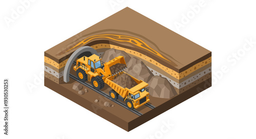 Isometric illustration of an underground mining operation with a loader and dump truck working in a tunnel.