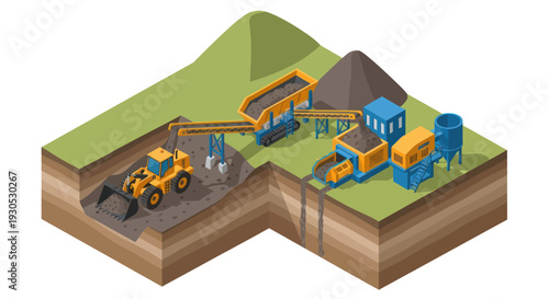 Isometric illustration of a coal mining operation, showing excavation, transportation, and processing equipment.