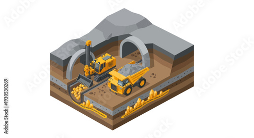 Isometric illustration depicting an open-pit mine with heavy machinery excavating and transporting ore.