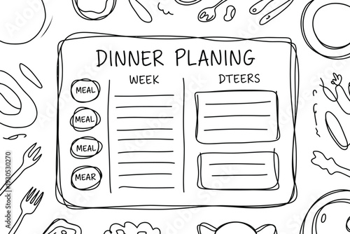 Hand drawn doodle illustration of a dinner planning schedule or meal preparation chart with utensils