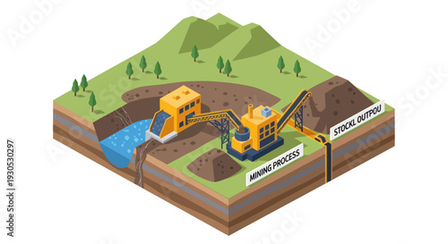 Isometric illustration depicting a mining process with excavators and a processing plant near a water source and a stock pile.