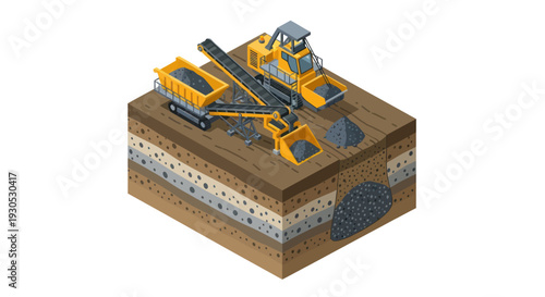 Isometric illustration depicting a mining operation with heavy machinery excavating earth and transporting materials, showcasing geological layers below the surface.