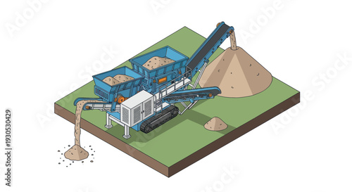 Isometric illustration of a mobile crushing and screening plant processing aggregate materials on a construction site.