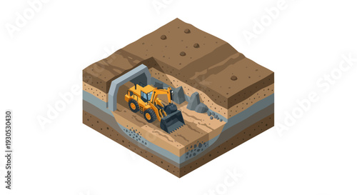 Isometric illustration of a construction site showing a bulldozer excavating earth and rocks for tunnel construction.