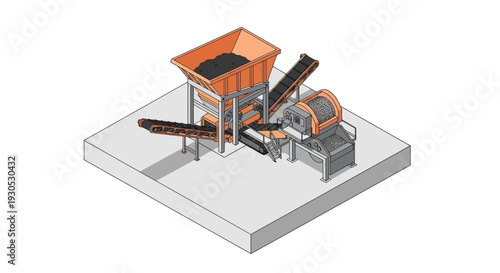 Isometric illustration of an industrial crushing and screening plant for processing bulk materials.