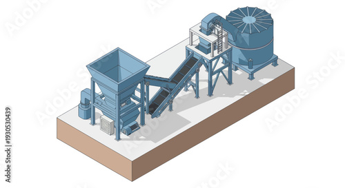 Isometric illustration of an industrial material processing plant with hoppers, conveyors, and silos.